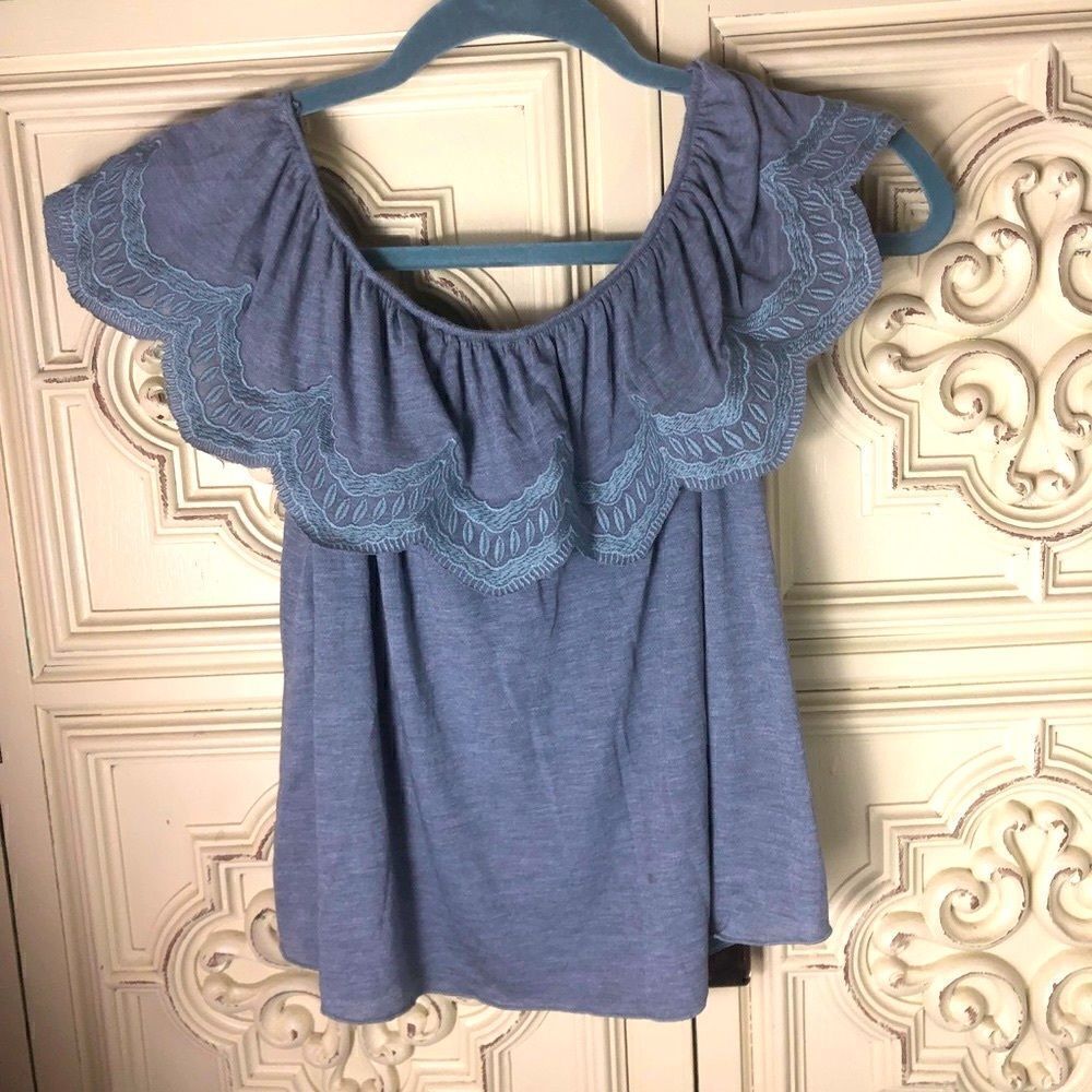 Mango casual off shoulder top in blue grey size xs